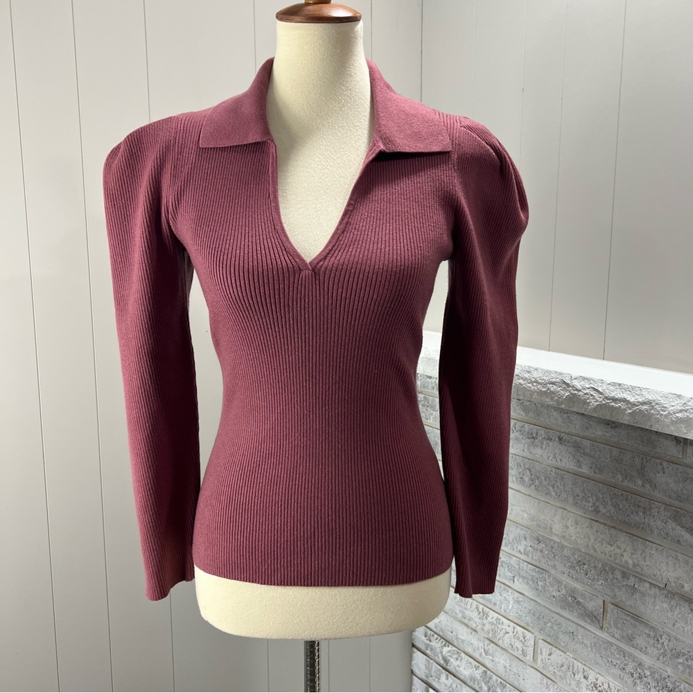 Jonathan Simkhai The Kit Eco-Knit Mauve V-Neck Puff Shoulder Long Sleeve Top S